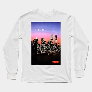 NEW YORK Nightfall Skyline Airplane Vintage Travel Long Sleeve T-Shirt